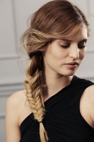 Pretty prom picture with fishtail side braid and side bangs with highlights